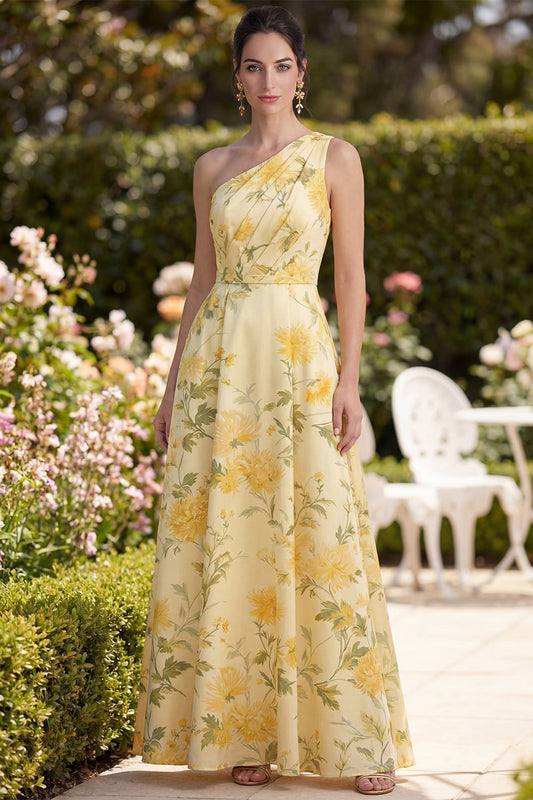 Butter Yellow One Shoulder Ruched Floral A Line Maxi Dress
