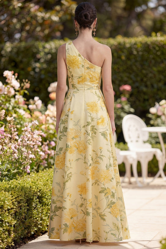 Butter Yellow One Shoulder Ruched Floral A Line Maxi Dress