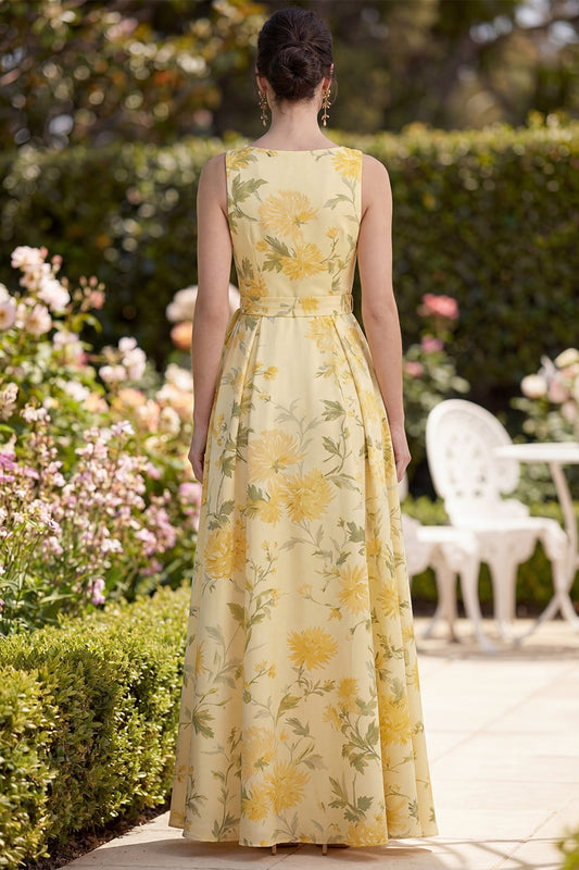 Butter Yellow V-Neck Ruched A Line Maxi Floral Dress with Slit