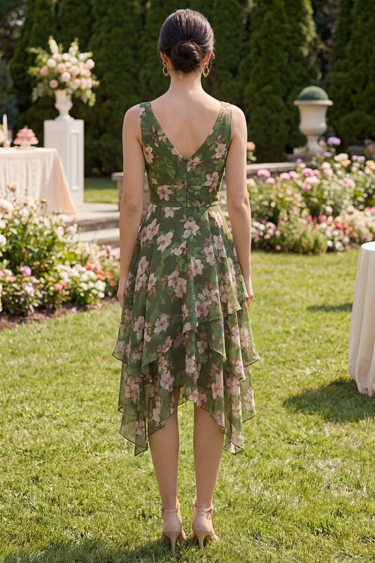 Dark Green Floral V-Neck Ruched A-Line Asymmetrical Midi Dress with Ruffles