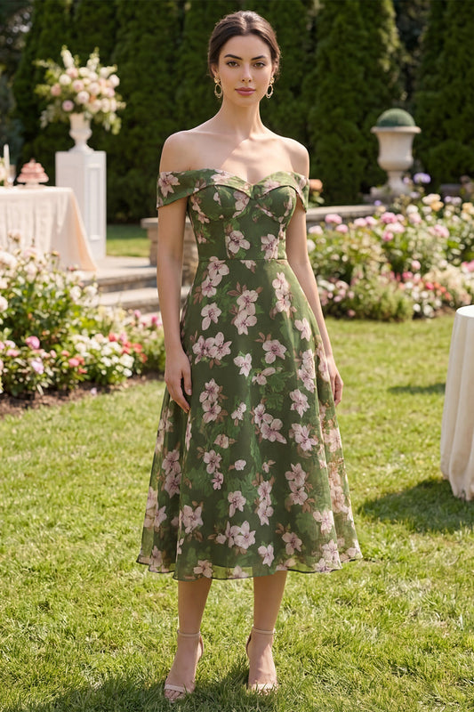 Floral Dark Green A-Line Off-the-Shoulder Midi Dress