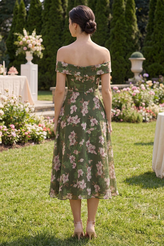 Floral Dark Green A-Line Off-the-Shoulder Midi Dress