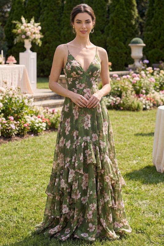 Robe longue vert foncé à fleurs, avec bretelles fines, coupe trapèze et volants