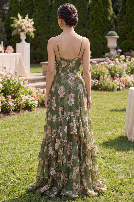Robe longue vert foncé à fleurs, avec bretelles fines, coupe trapèze et volants