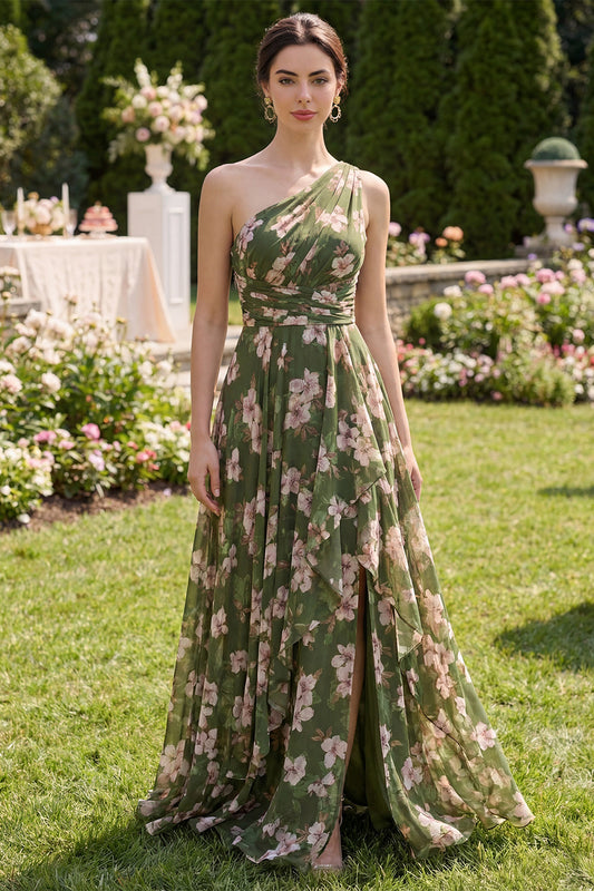Dark Green Floral Ruffled Ruched A-Line Maxi Dress with Slit