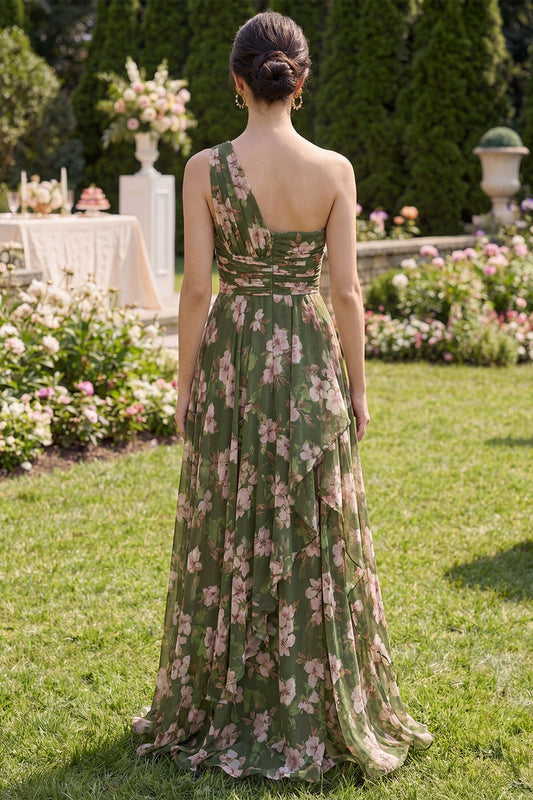 Dark Green Floral Ruffled Ruched A-Line Maxi Dress with Slit