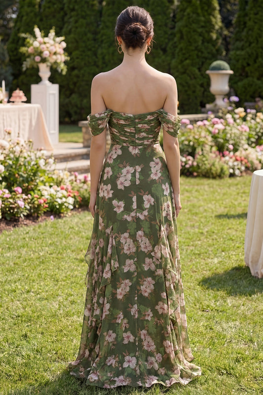 Dark Green Ruched A Line Maxi Floral Dress with Ruffles