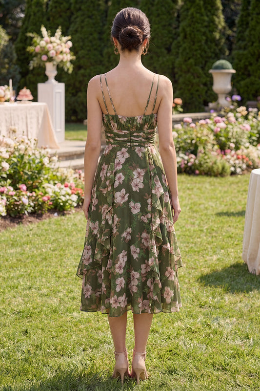 Dark Green Floral V-Neck A Line Ruched Midi Dress with Ruffles