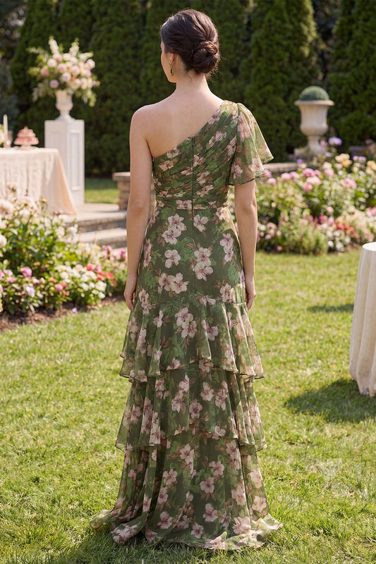 Dark Green Floral A Line Flutter Sleeves Maxi Dress with Ruffles