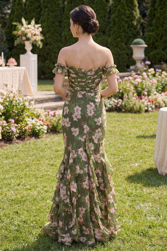 Dark Green Floral Mermaid Maxi Dress with Ruffles