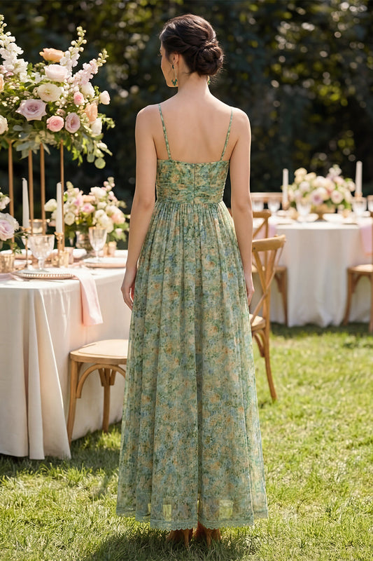 Dusty Green Spaghetti Straps Floral Ruched A Line Maxi Dress