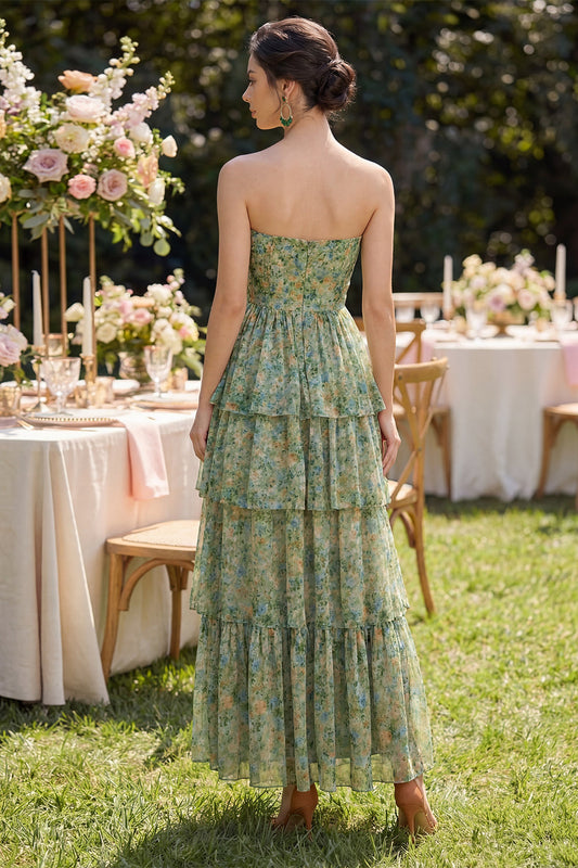Dusty Green Strapless A Line Corset Maxi Floral Dress with Ruffles