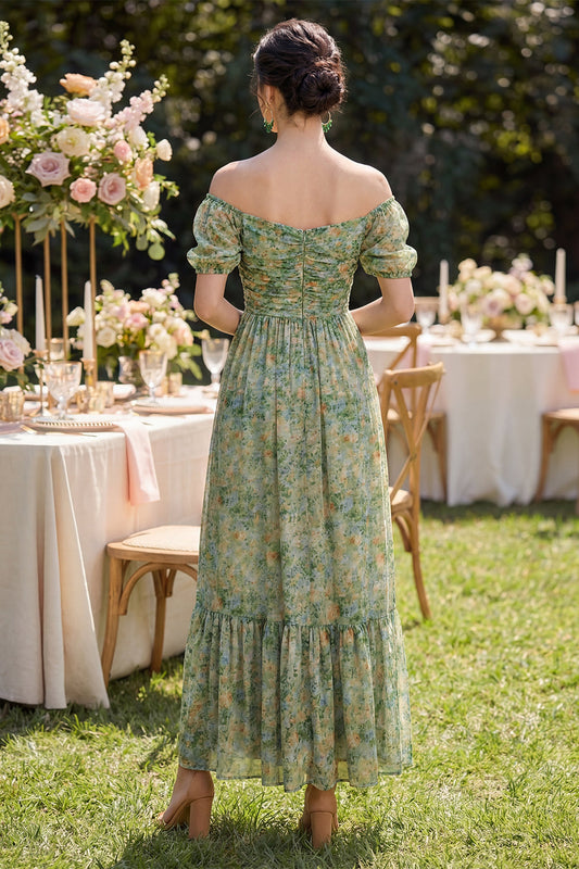 Robe longue évasée fendue vert poussière à manches bouffantes froncées et imprimé floral