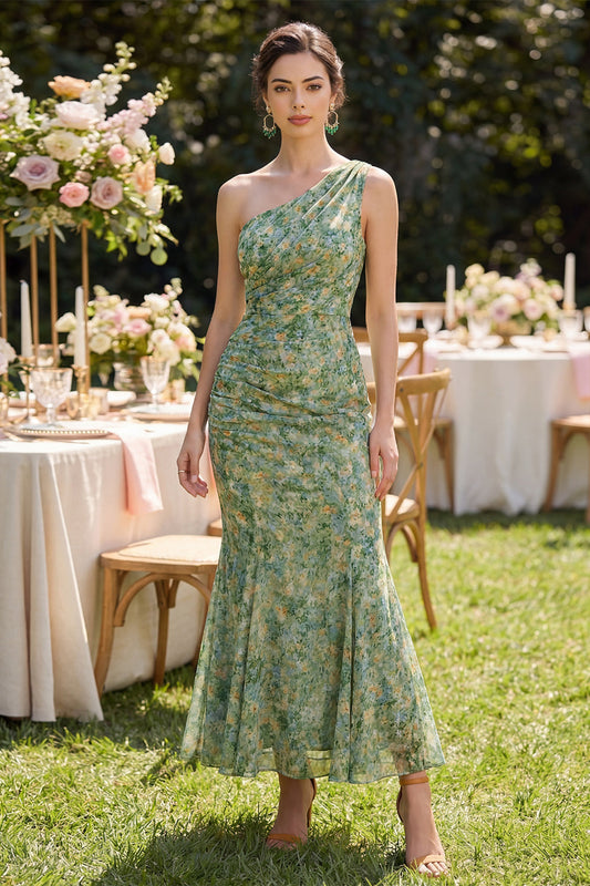 Dusty Green Ruched Mermaid One Shoulder Floral Maxi Dress
