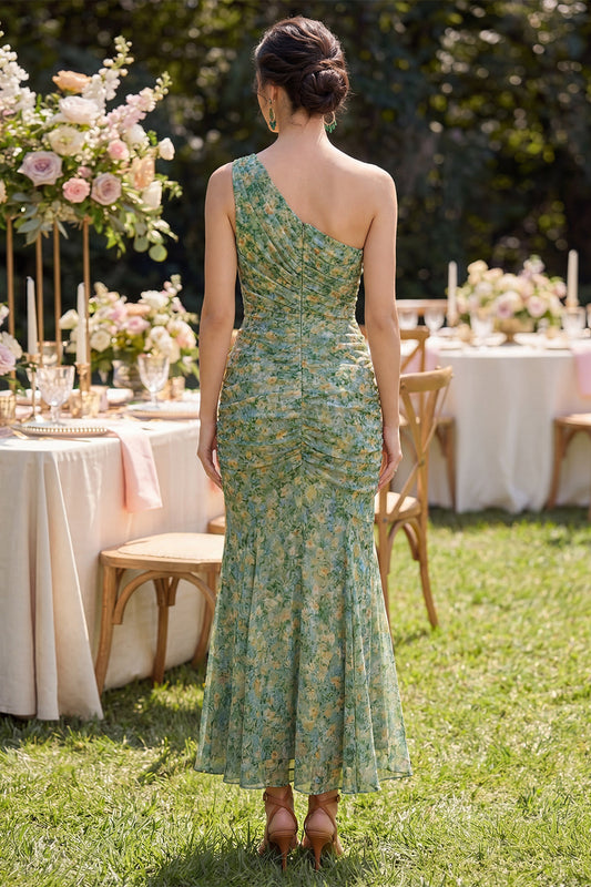 Dusty Green Ruched Mermaid One Shoulder Floral Maxi Dress
