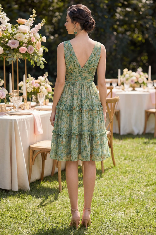Dusty Green Ruched A-Line V-Neck Floral Midi Dress with Ruffles