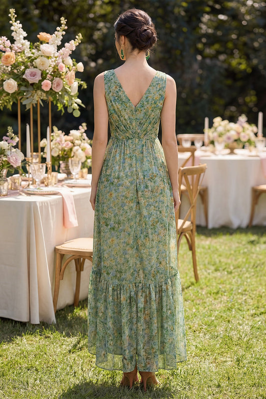 Robe florale vert poussiéreux à col en V, ourlet haut-bas et volants