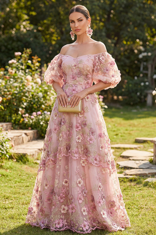 Robe longue florale rose fuchsia évasée en tulle à appliqués, épaules dénudées et manches bouffantes