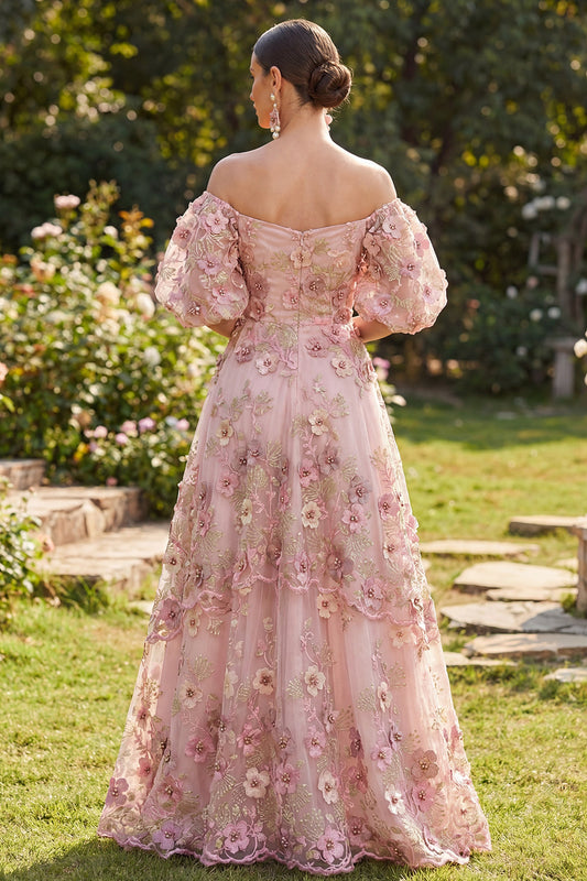 Robe longue florale rose fuchsia évasée en tulle à appliqués, épaules dénudées et manches bouffantes