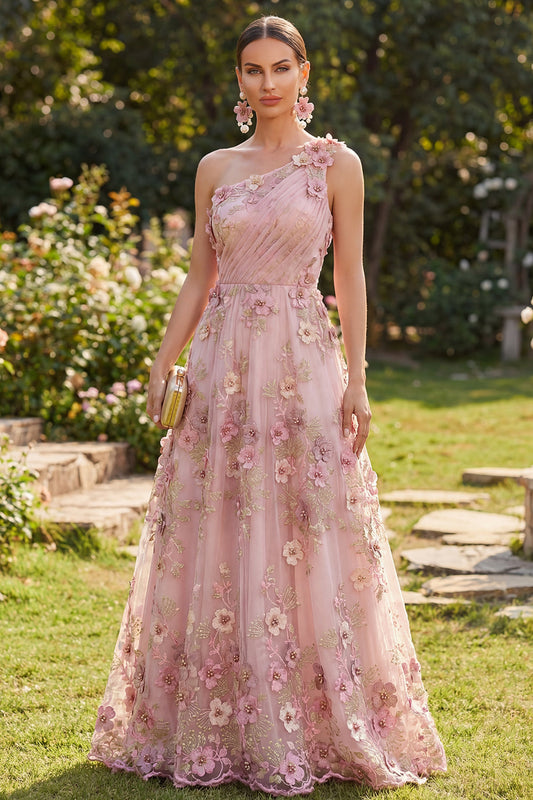 Robe longue florale asymétrique à volants en tulle rose fuchsia ornée d'appliqués et coupe trapèze
