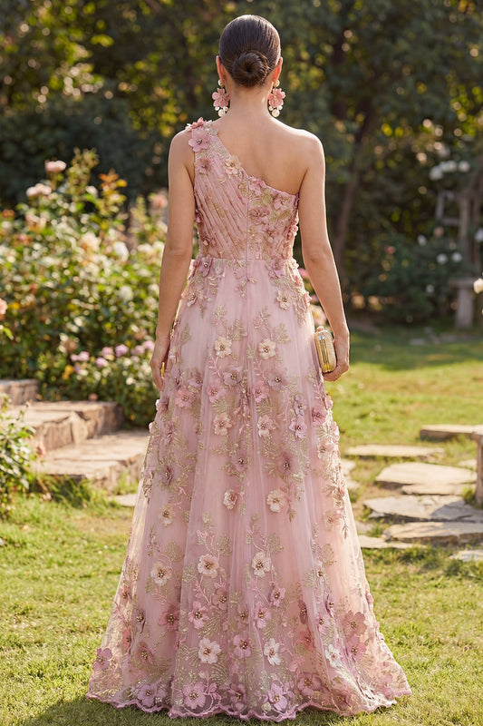 Robe longue florale asymétrique à volants en tulle rose fuchsia ornée d'appliqués et coupe trapèze