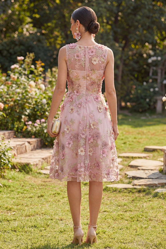 Robe midi Trapèze en tulle rose fuchsia avec décolleté en V et applique florale