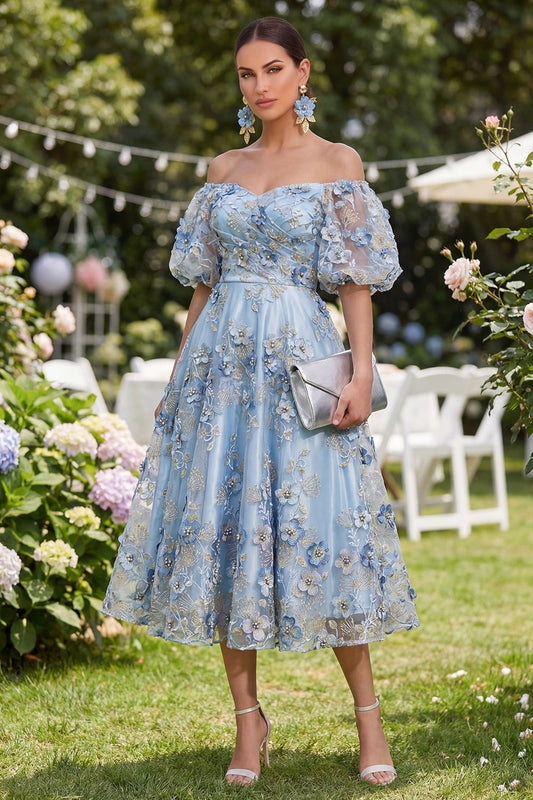 Off-the-Shoulder A-Line Tulle Blue Appliqued Ruched Beaded Floral Midi Dress