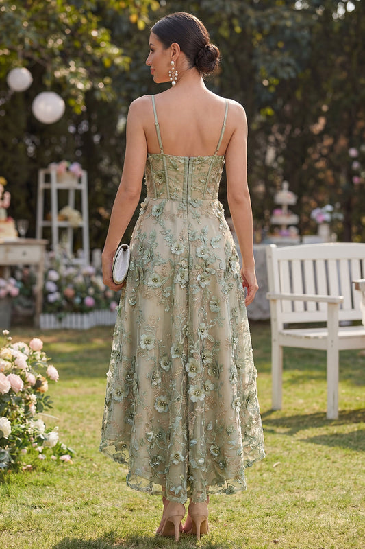 Tulle Dusty Green A-Line Appliqued Corset Beaded Midi Floral Dress