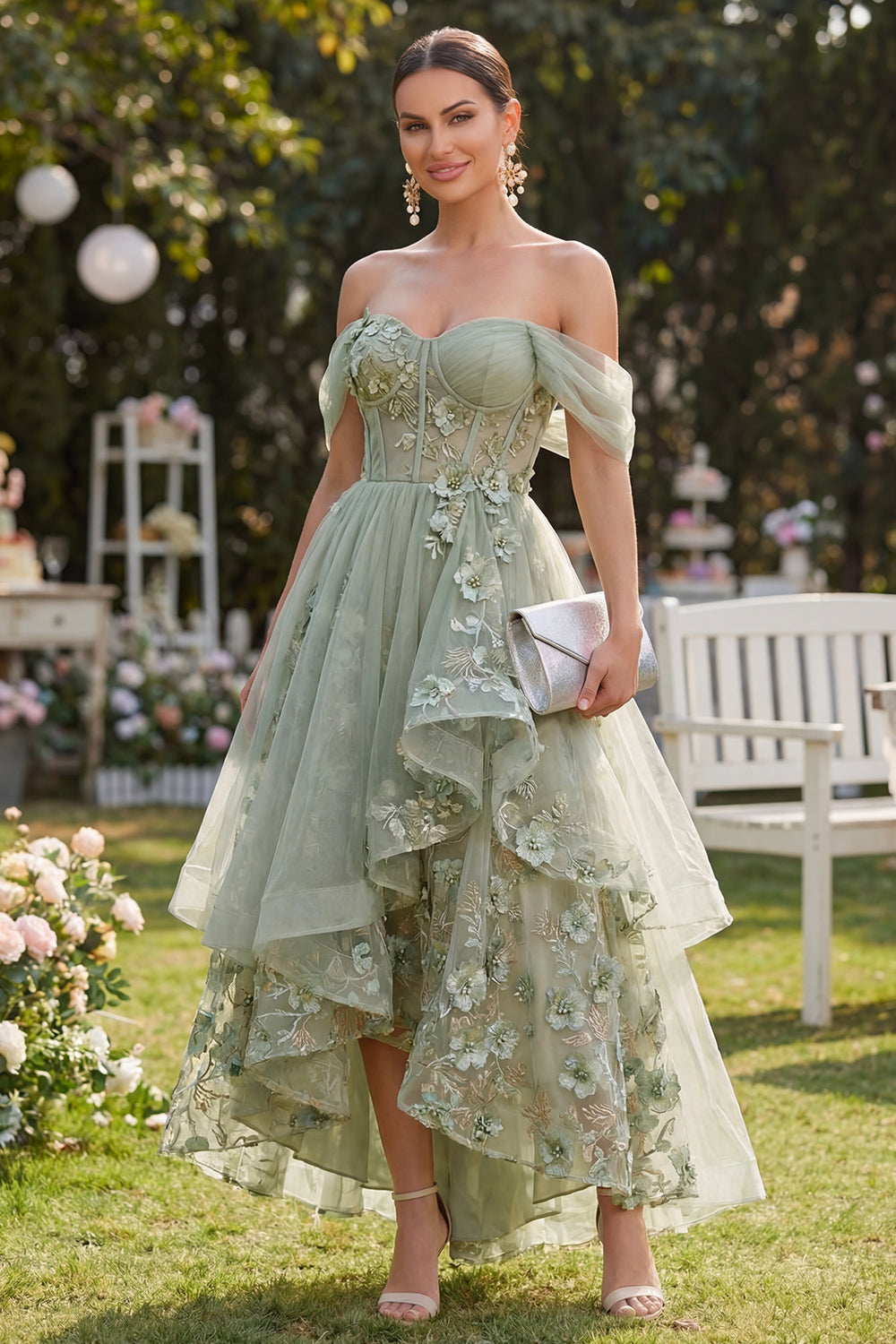 Off-the-Shoulder Organza Dusty Green A-Line Appliqued Corset Midi Floral Dress