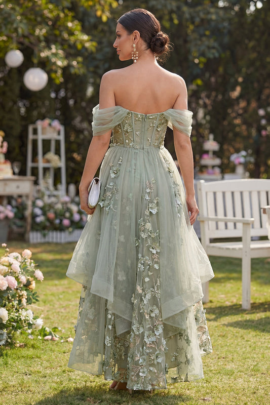 Off the Shoulder Organza Dusty Green A-Line Appliqued Corset Midi Floral Dress