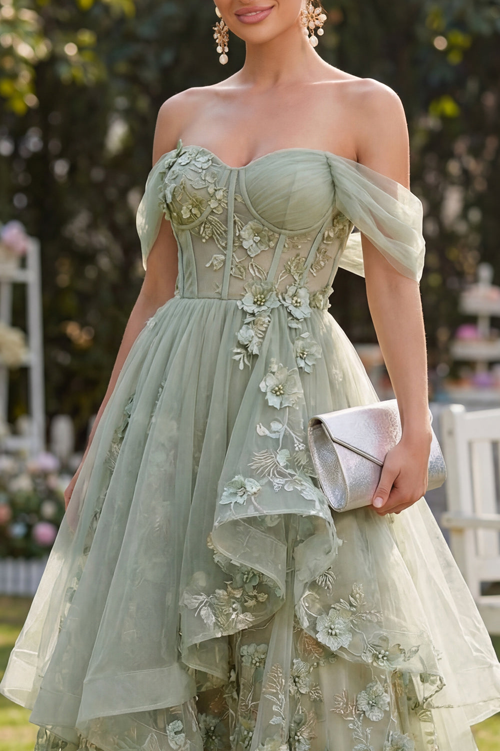 Off-the-Shoulder Organza Dusty Green A-Line Appliqued Corset Midi Floral Dress