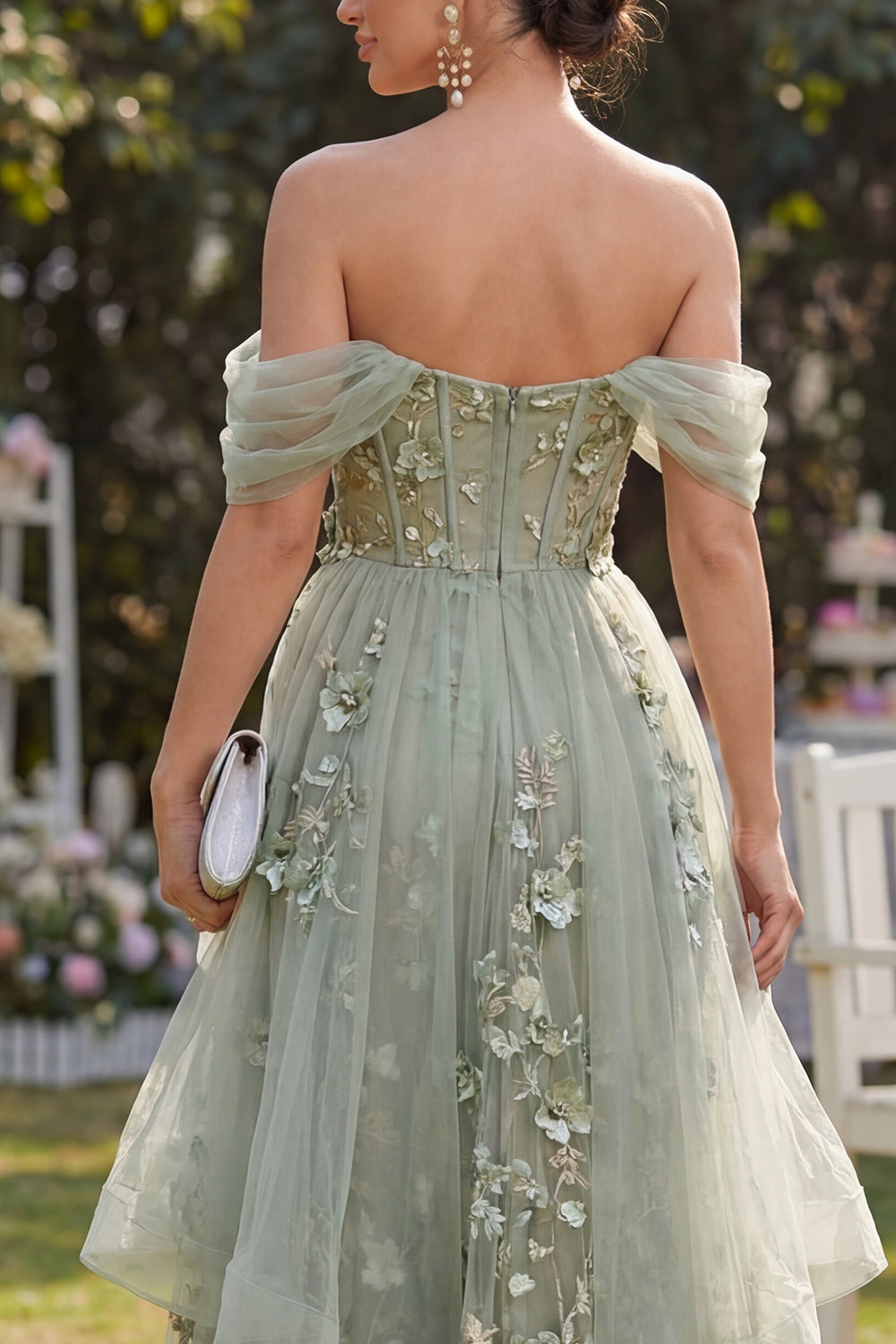 Off-the-Shoulder Organza Dusty Green A-Line Appliqued Corset Midi Floral Dress