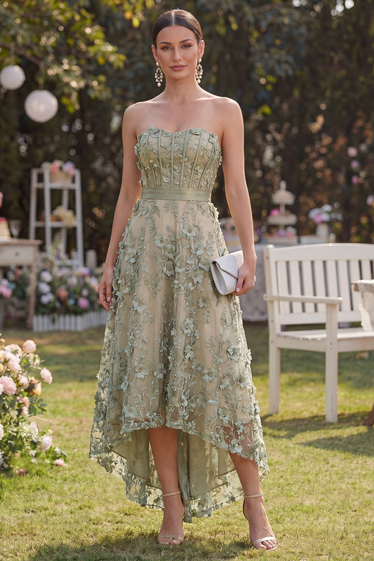 Dusty Green A-Line Tulle Appliqued Beaded Corset Midi Floral Dress