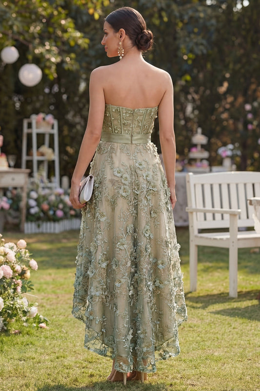 Dusty Green A-Line Tulle Appliqued Beaded Corset Midi Floral Dress