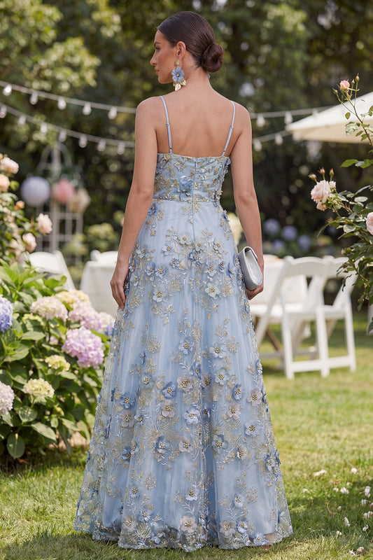 Blue A-Line Tulle Appliqued Beaded Ruched Long Floral Dress