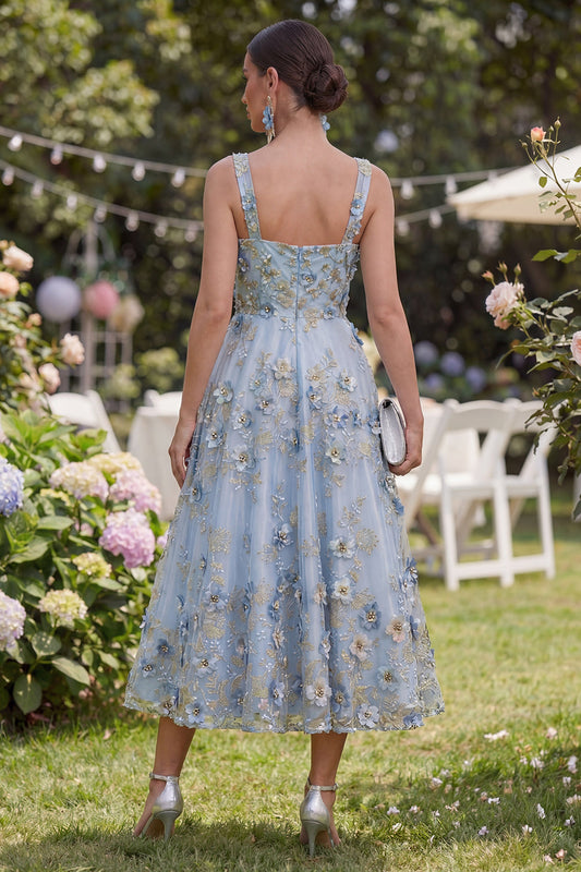 Blue A-Line Tulle Appliqued Beaded Ruched Midi Floral Dress