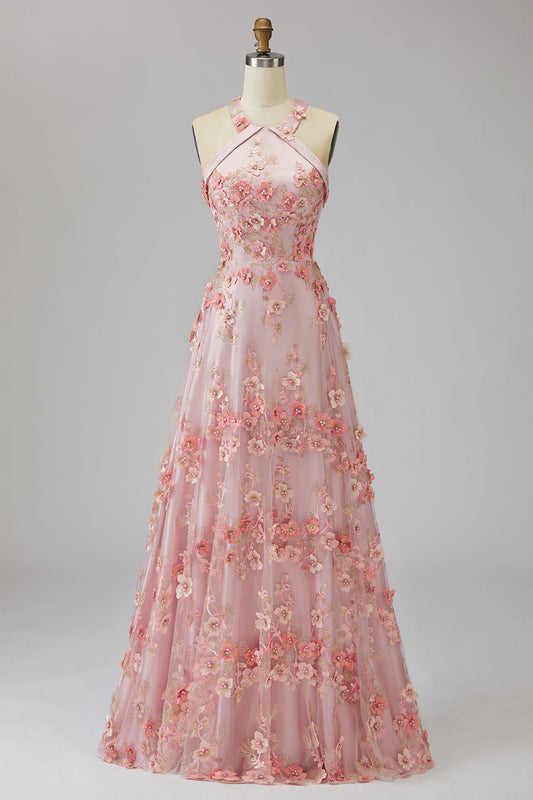 Robe longue à fleurs, avec tulle rose orangé, encolure américaine, ligne A, applications et perles