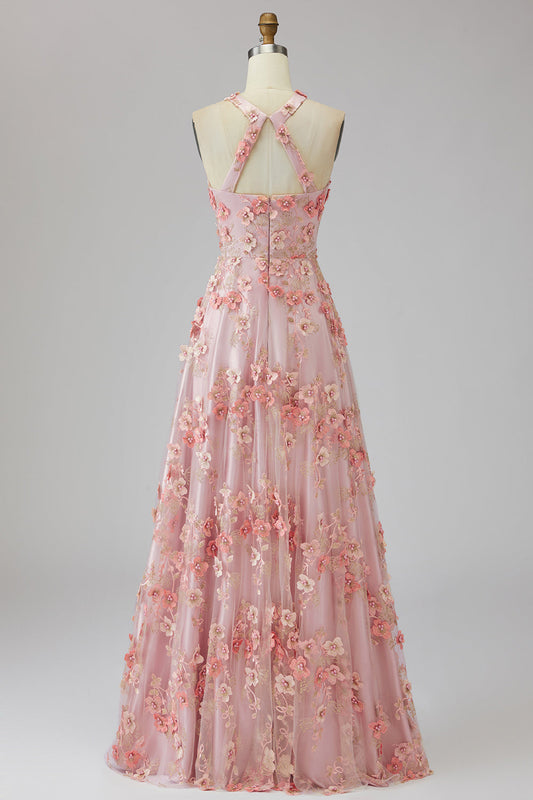 Robe longue à fleurs, avec tulle rose orangé, encolure américaine, ligne A, applications et perles