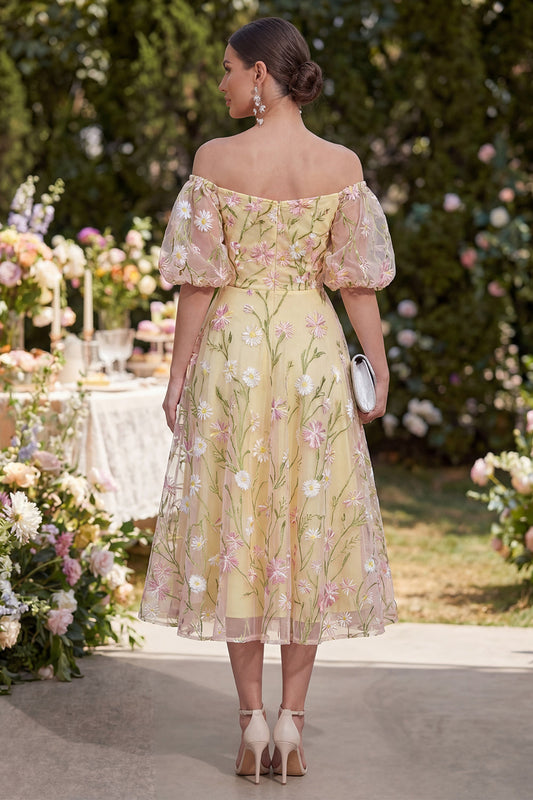 Light Yellow Puff Sleeves Floral Ruched A Line Midi Dress