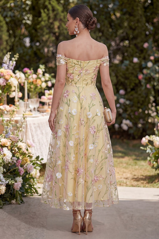 Light Yellow A Line Ruched Off the Shoulder Floral Maxi Dress