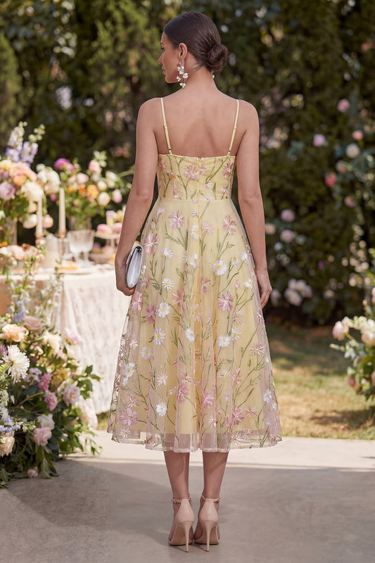 Light Yellow Floral Corset Spaghetti Straps A Line Midi Dress