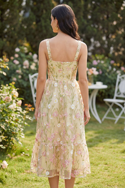 Square Neck Floral Light Yellow A Line Midi Dress