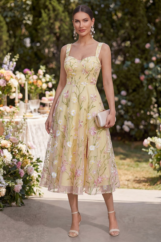 Thick Straps Floral Light Yellow A Line Midi Dress