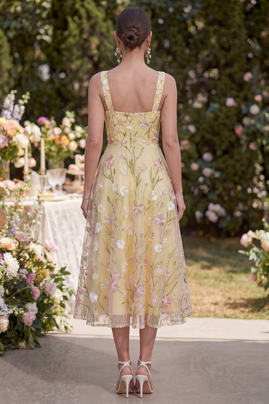 Thick Straps Floral Light Yellow A Line Midi Dress