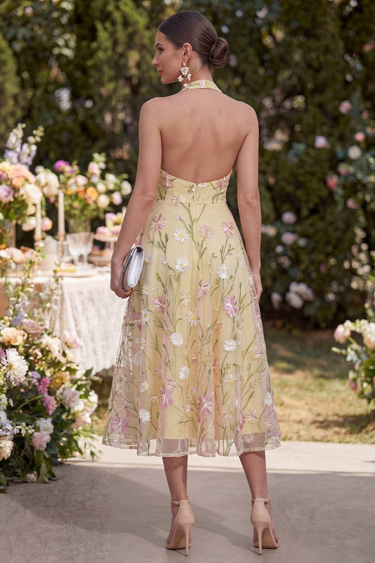 Light Yellow A-Line Halter Appliqued Midi Floral Dresses
