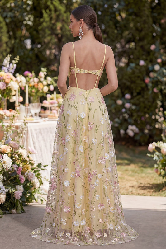 Light Yellow Spaghetti Straps A-Line Hollow Appliqued Maxi Floral with Slit