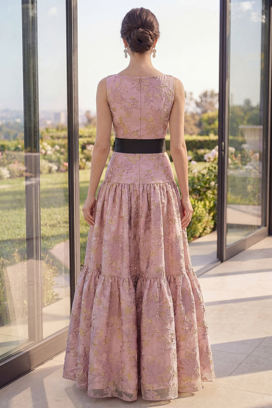 Robe longue évasée à col bateau en jacquard blush avec motif floral et nœud
