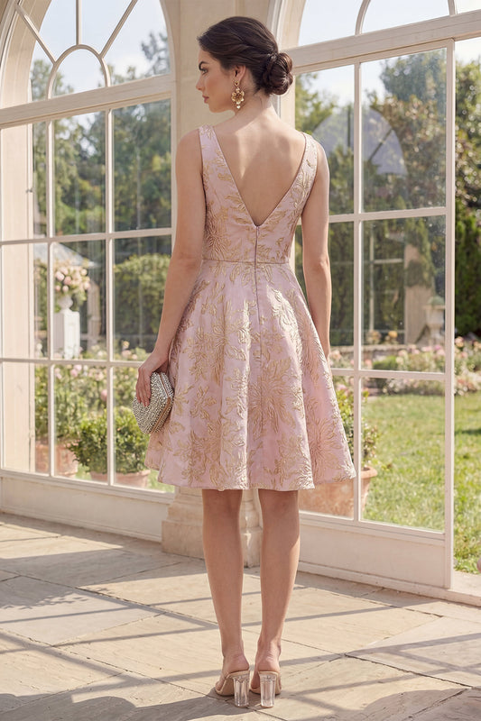 V-Neck A Line Blush Midi Jacquard Floral Dress