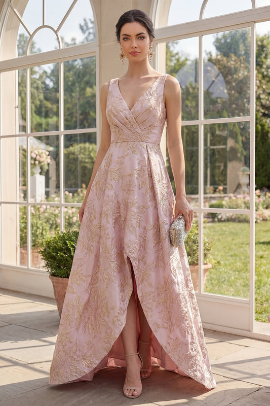 Robe longue évasée jacquard fleuri asymétrique à encolure en V froncée blush