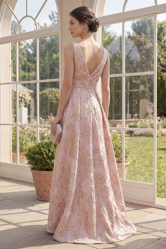Robe longue évasée jacquard fleuri asymétrique à encolure en V froncée blush